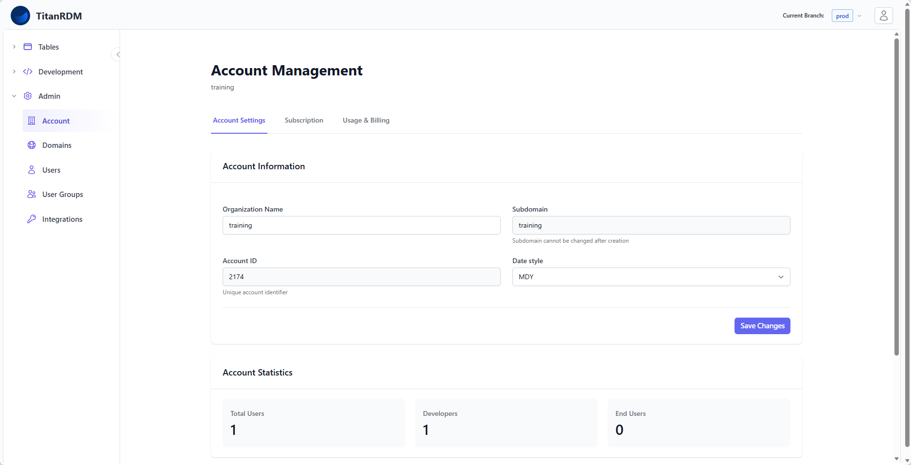 Account settings page