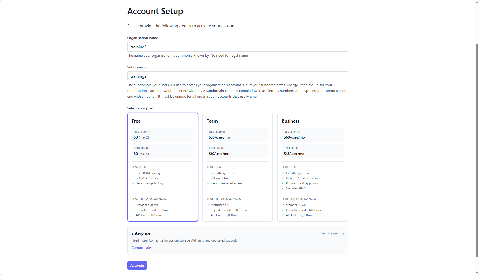 Account setup page