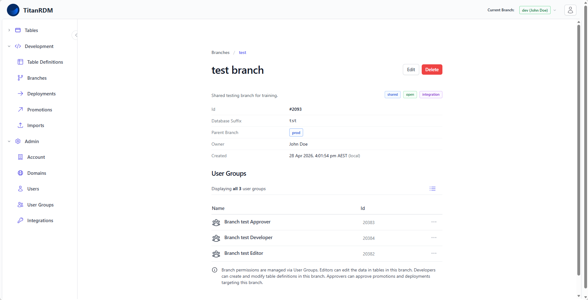 Branch detail page