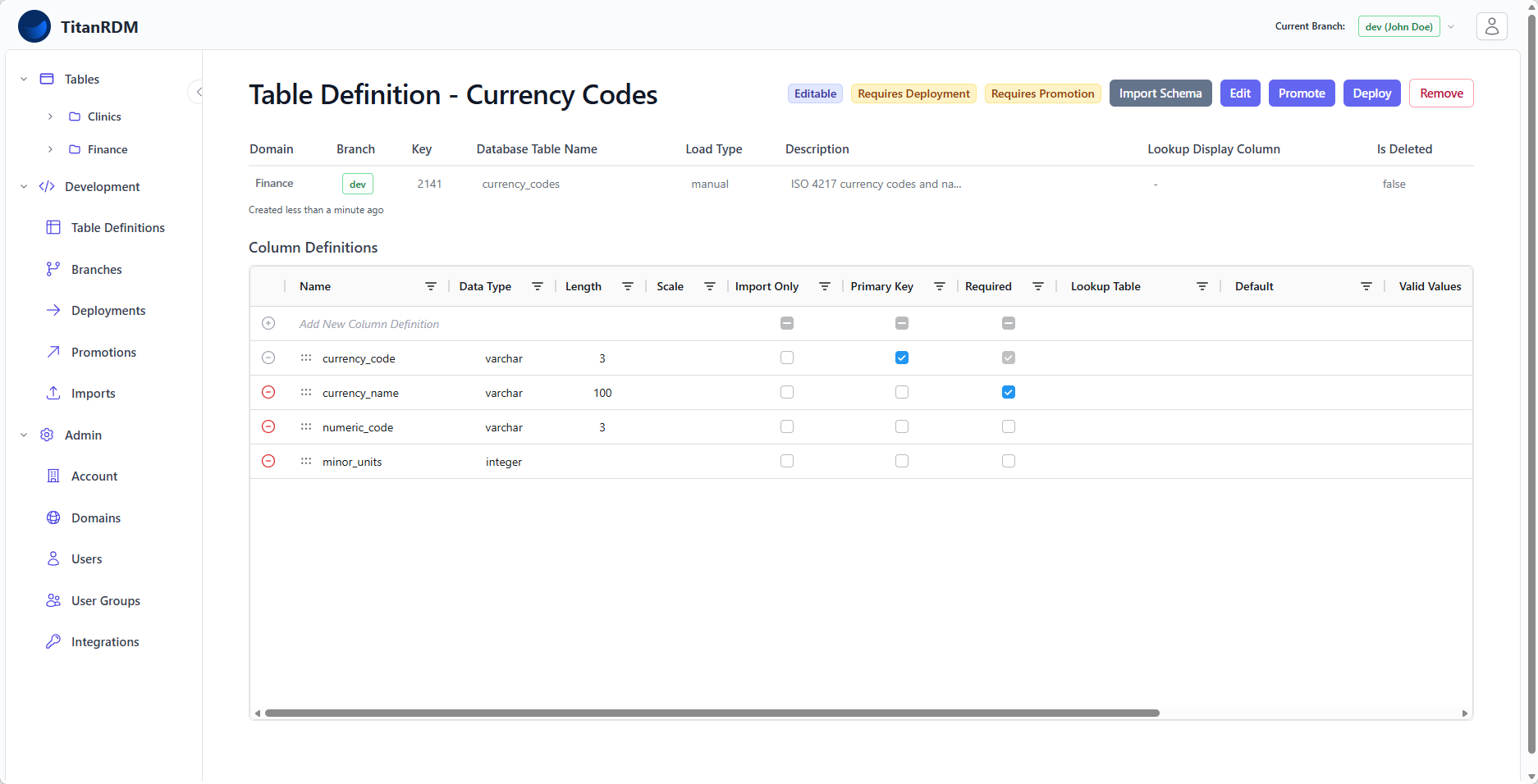 Column definitions editor