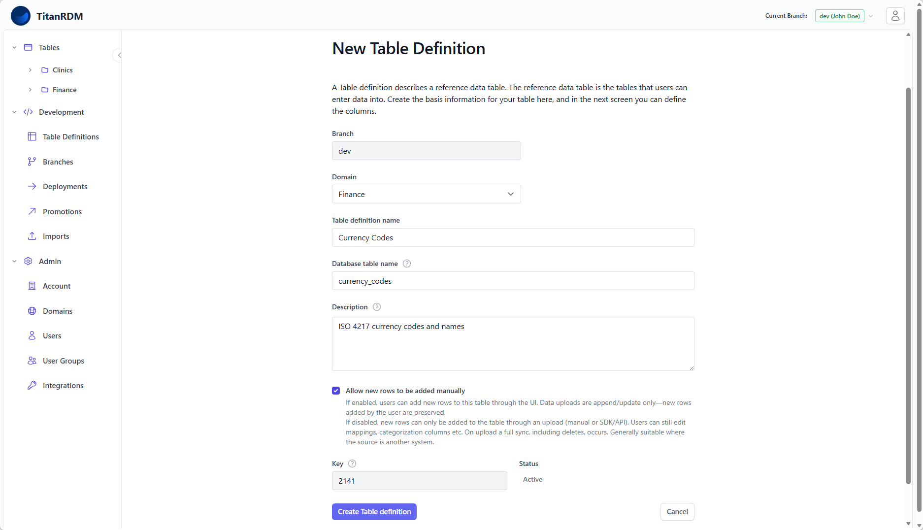 New table definition form
