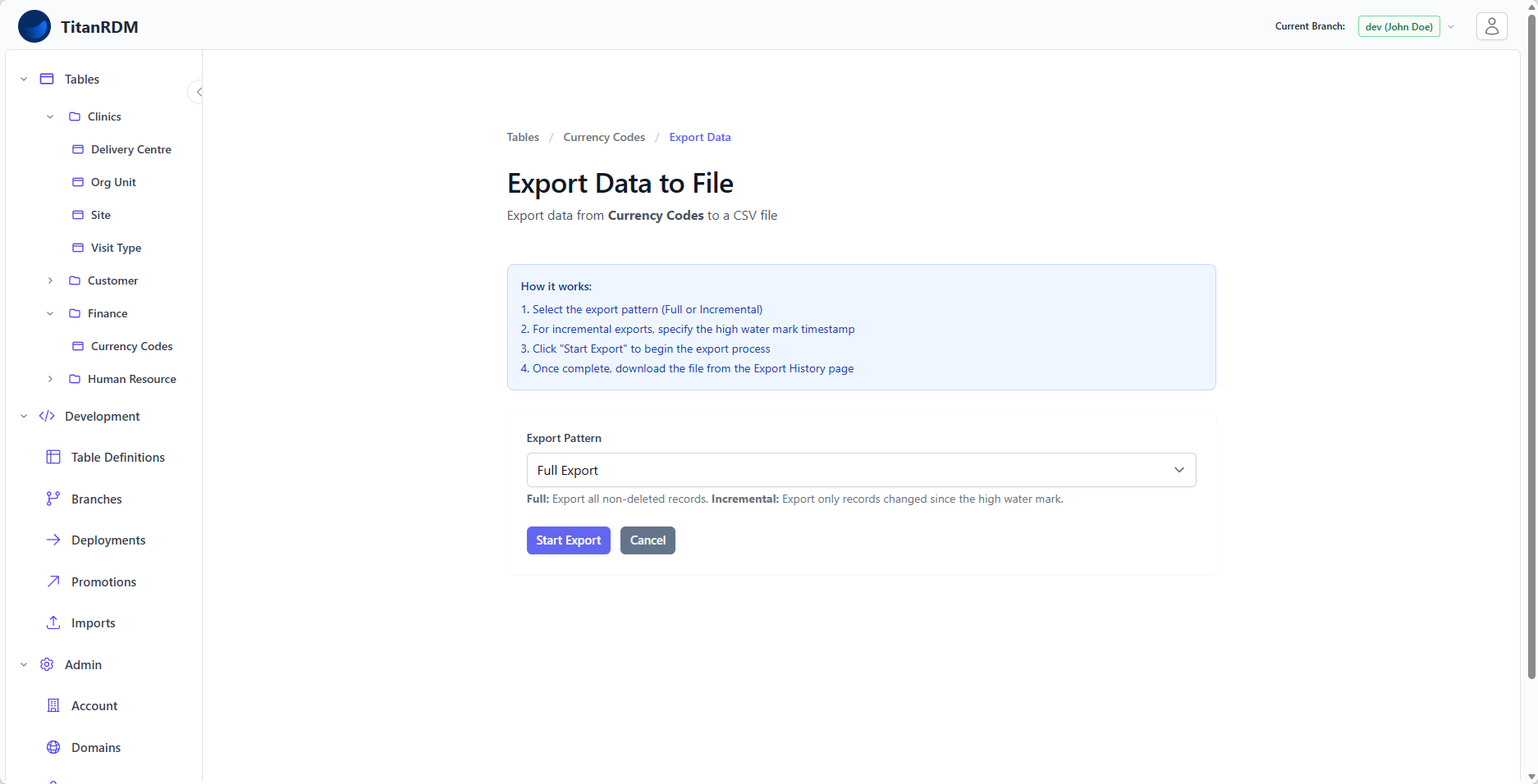 Export data page