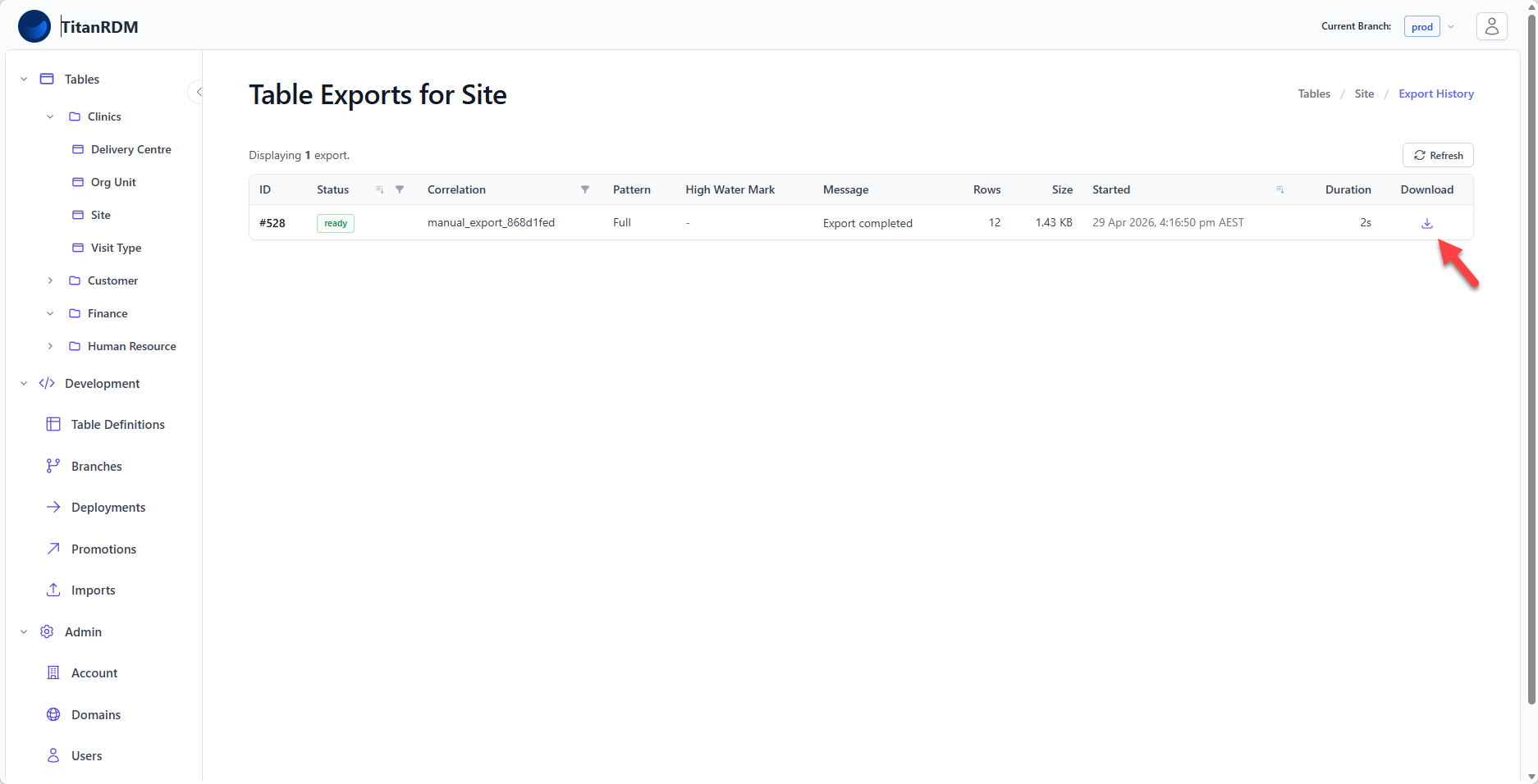 Export history page