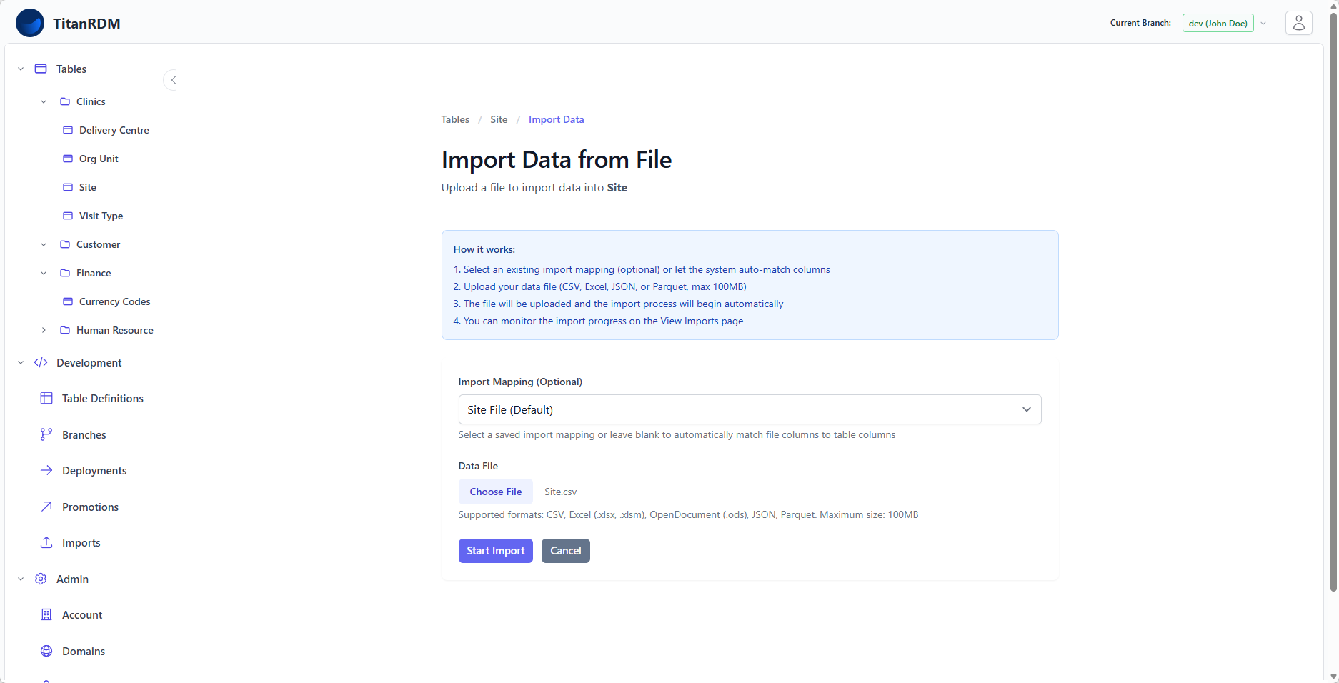 Import data page