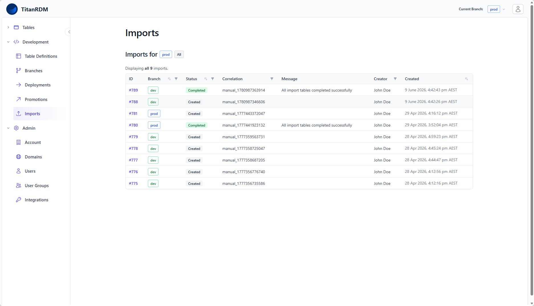 Import history page