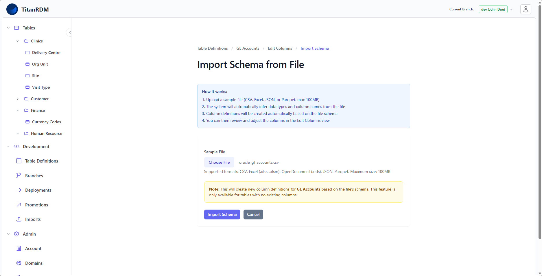 Import schema page