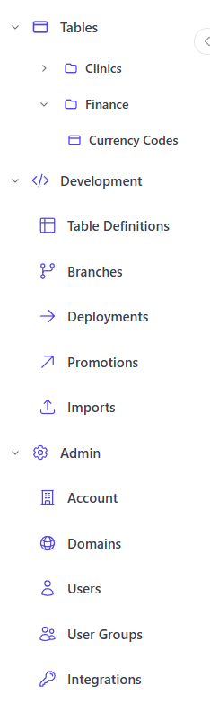 Sidebar showing domains and tables