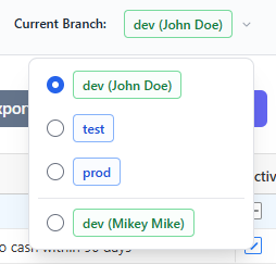 Branch selector showing migration environments